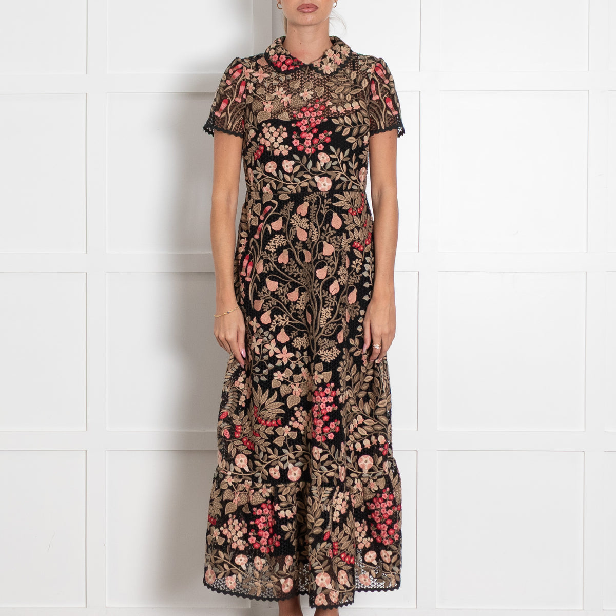 Red Valentino Black Floral Embroidered Short Sleeve Dress With Round Collar