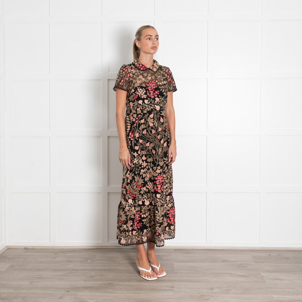Red Valentino Black Floral Embroidered Short Sleeve Dress With Round Collar