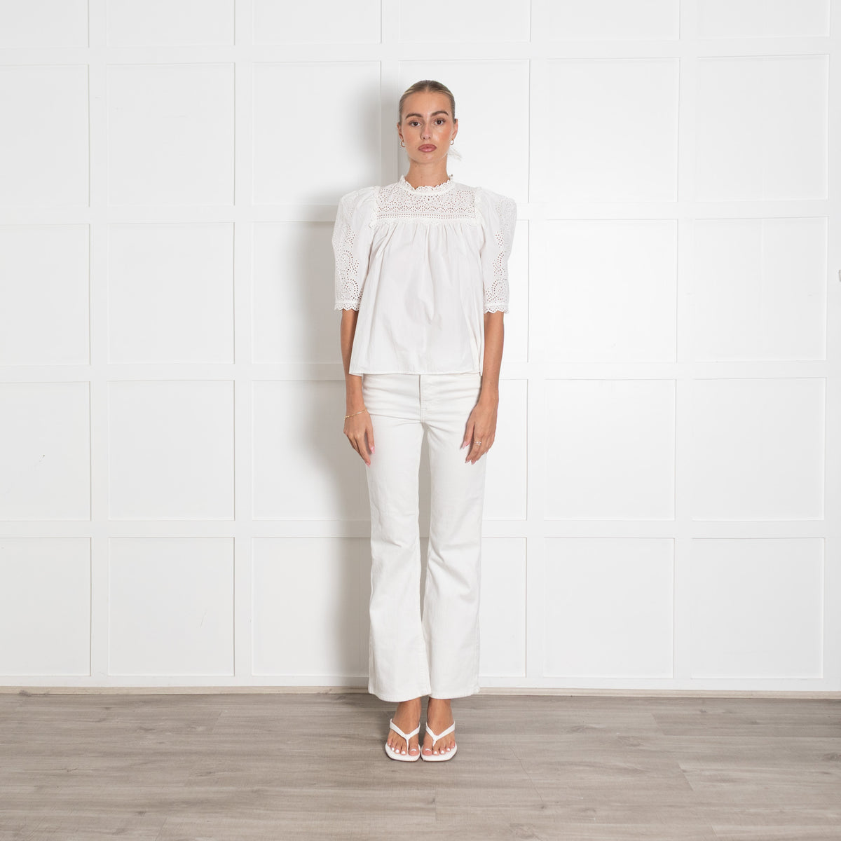Ulla Johnson White Cotton Eyelet Blouse With Puff Sleeves And Broderie Anglais