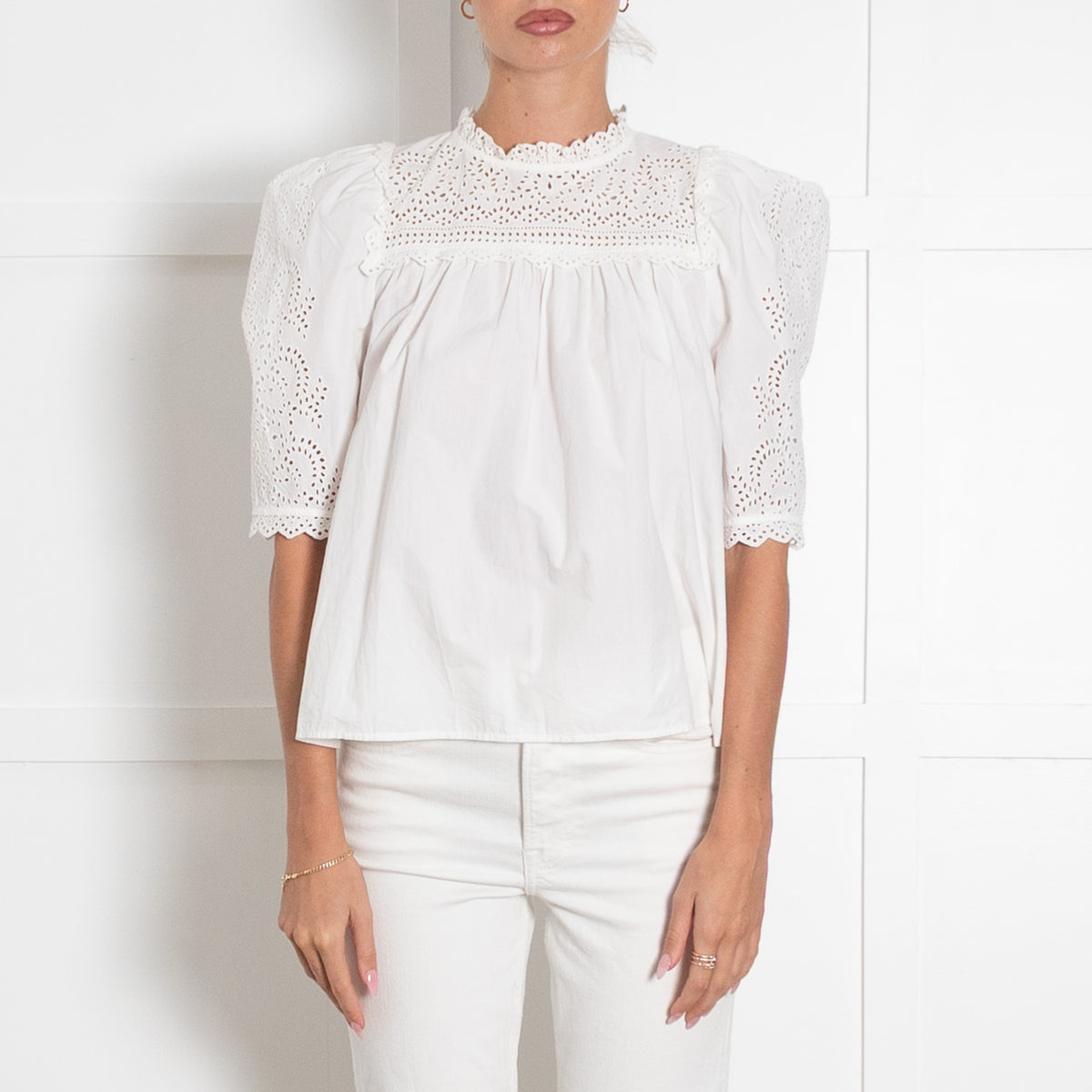 Ulla Johnson White Cotton Eyelet Blouse With Puff Sleeves And Broderie Anglais