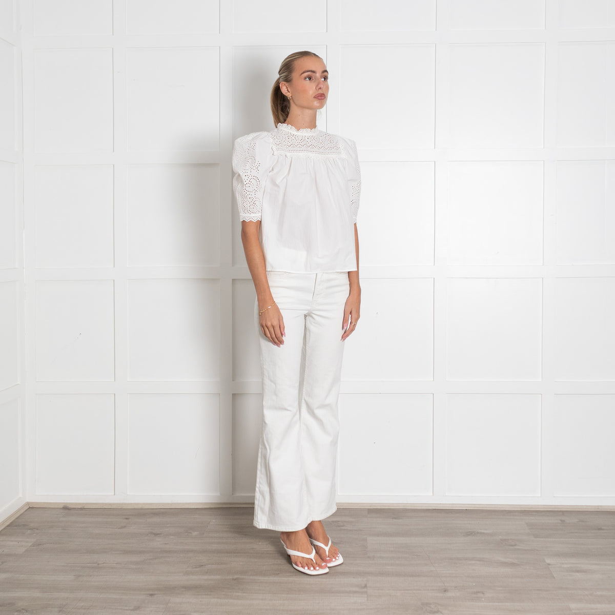 Ulla Johnson White Cotton Eyelet Blouse With Puff Sleeves And Broderie Anglais