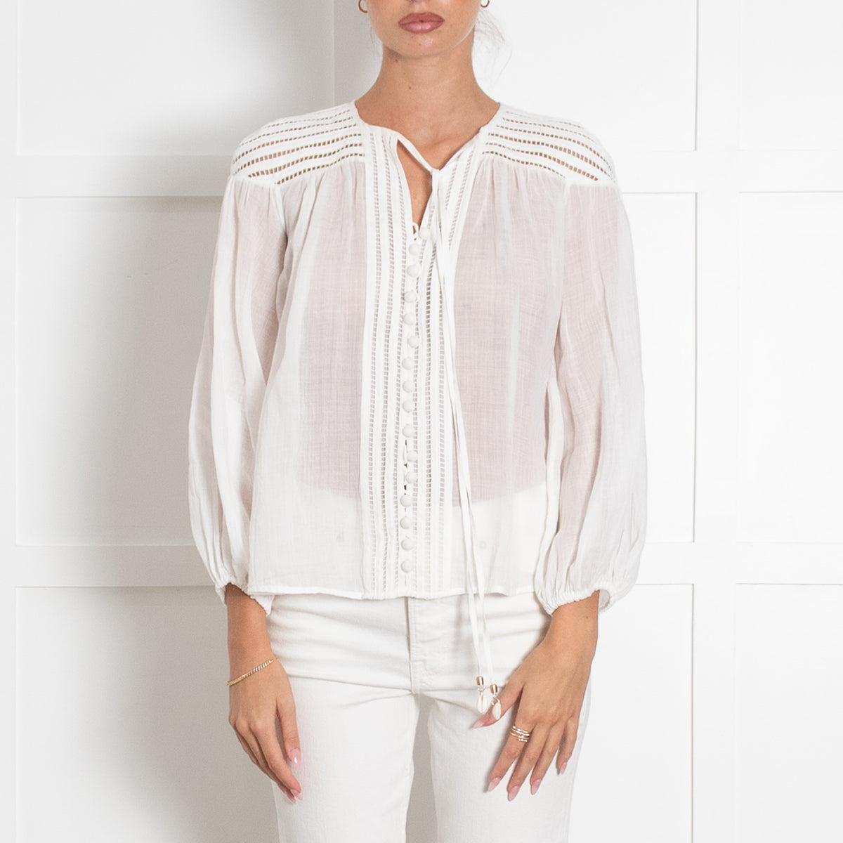 Zimmermann White Jude Crochet Trimmed Ramie Blouse