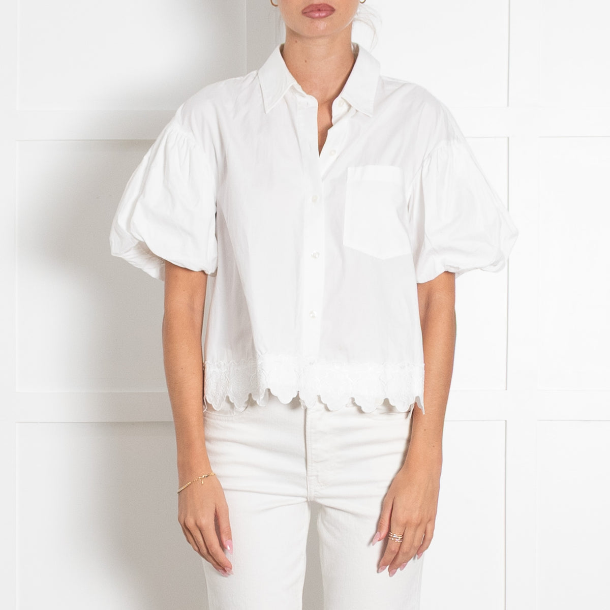 Simone Rocha White Puff Sleeve Cropped Shirt With Embroidery