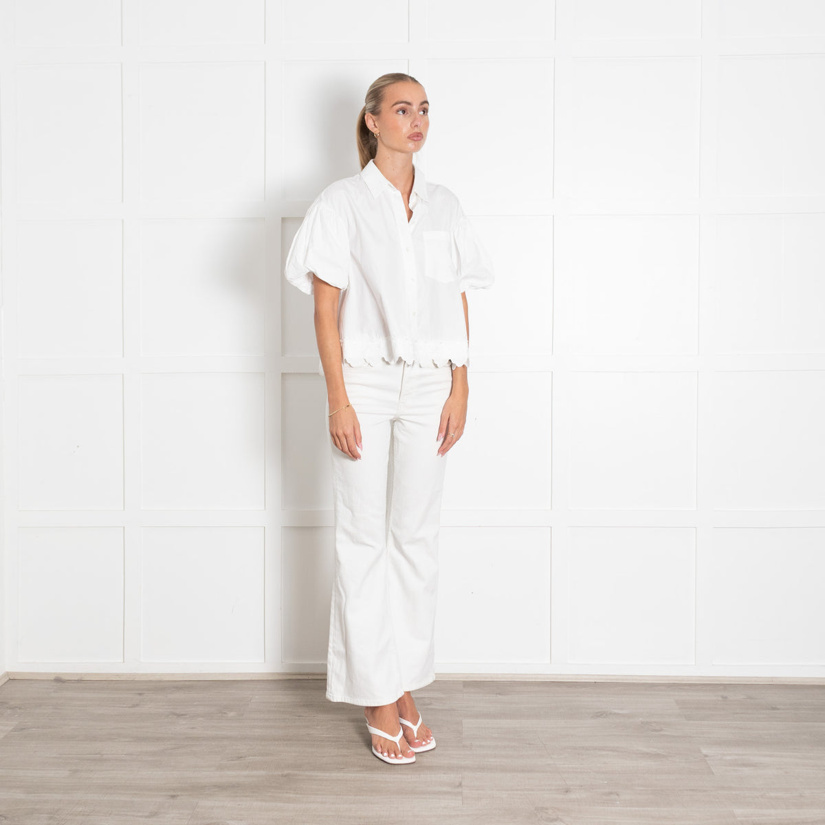 Simone Rocha White Puff Sleeve Cropped Shirt With Embroidery
