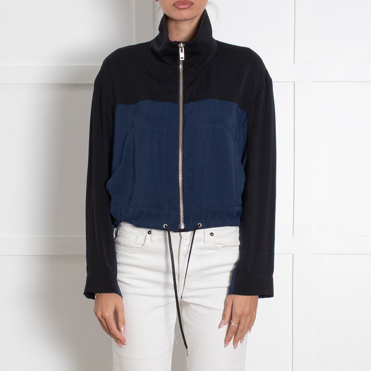 Helmut Lang Blue And Black Zip Up Cropped Mock Neck Jacket