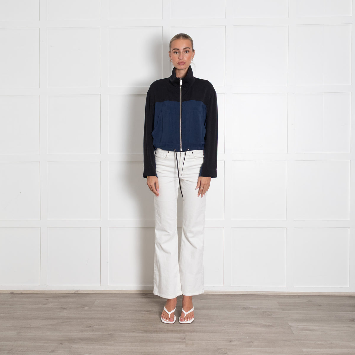 Helmut Lang Blue And Black Zip Up Cropped Mock Neck Jacket