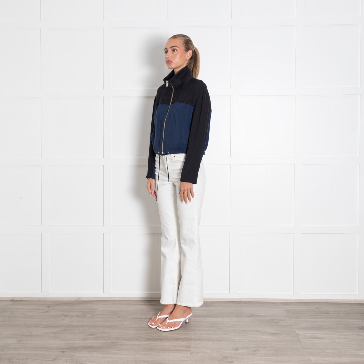 Helmut Lang Blue And Black Zip Up Cropped Mock Neck Jacket