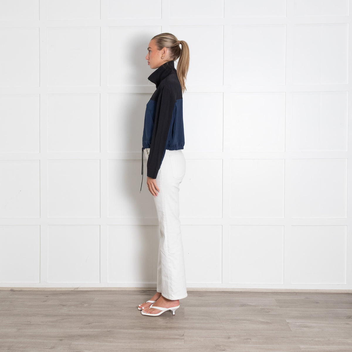 Helmut Lang Blue And Black Zip Up Cropped Mock Neck Jacket