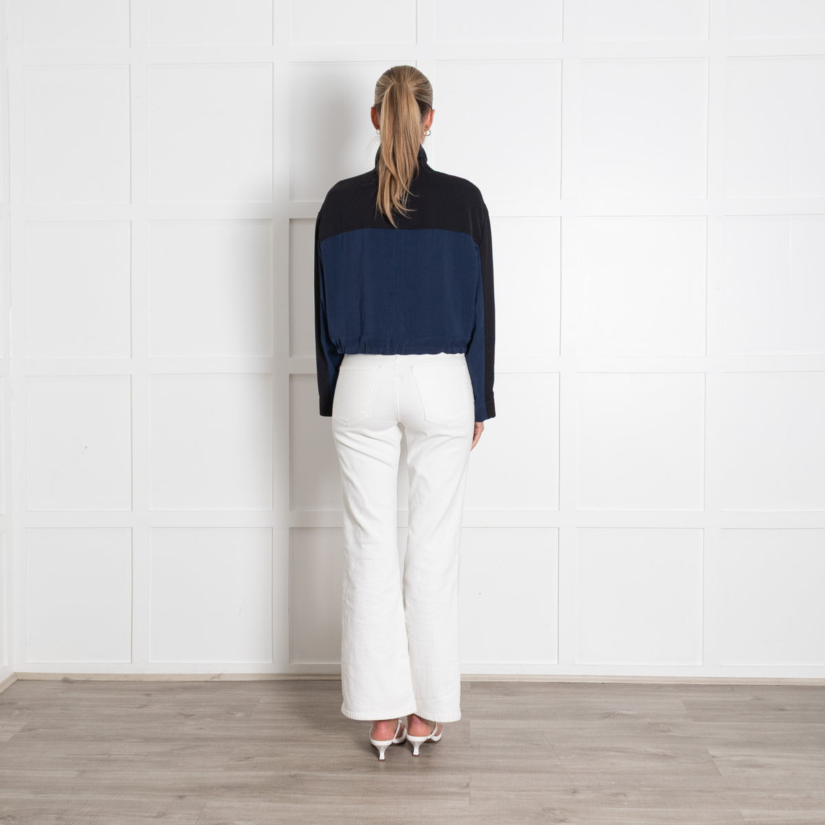 Helmut Lang Blue And Black Zip Up Cropped Mock Neck Jacket