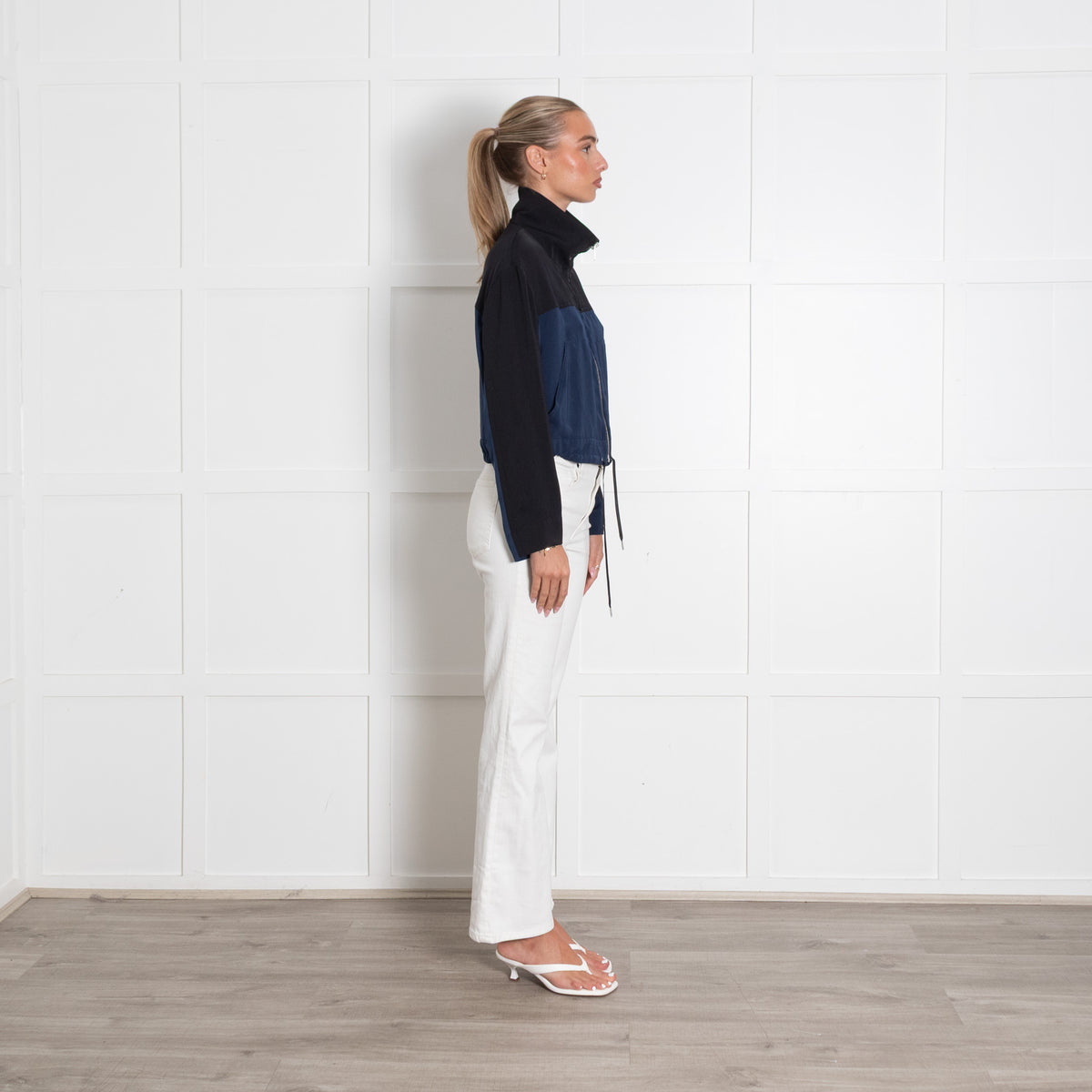 Helmut Lang Blue And Black Zip Up Cropped Mock Neck Jacket