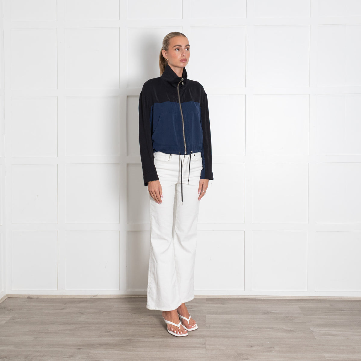Helmut Lang Blue And Black Zip Up Cropped Mock Neck Jacket