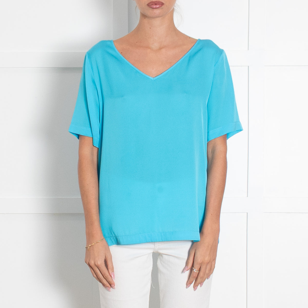 Silk95Five Turquoise Silk V Neck Top