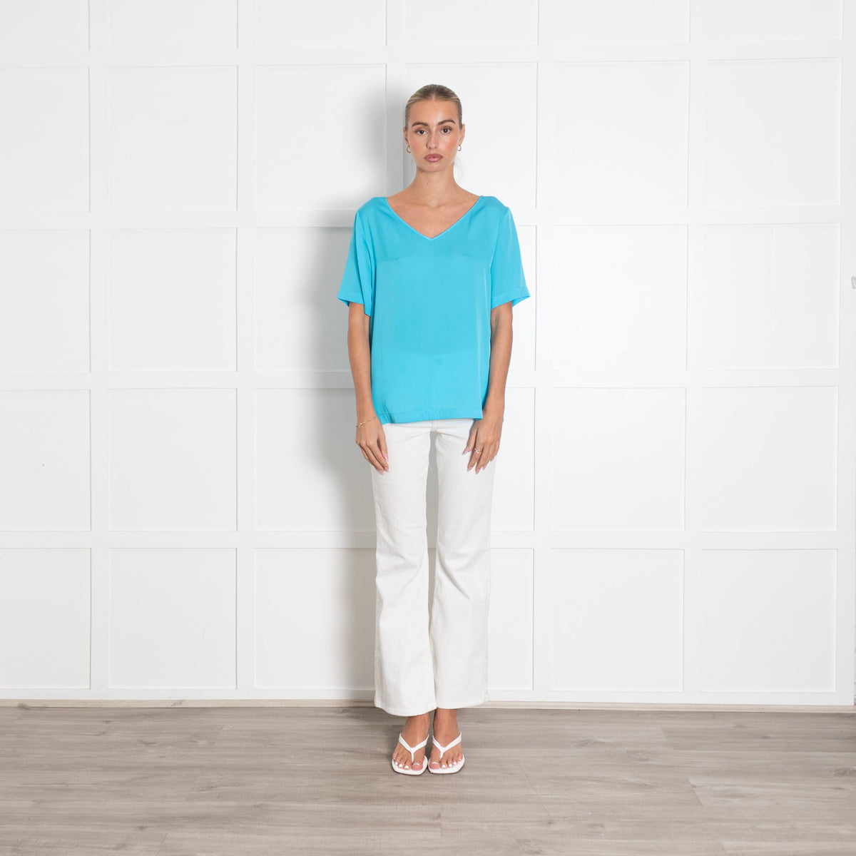 Silk95Five Turquoise Silk V Neck Top