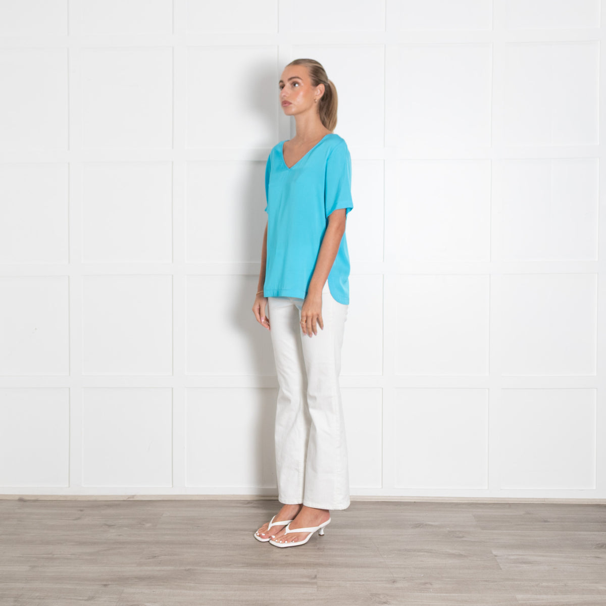 Silk95Five Turquoise Silk V Neck Top