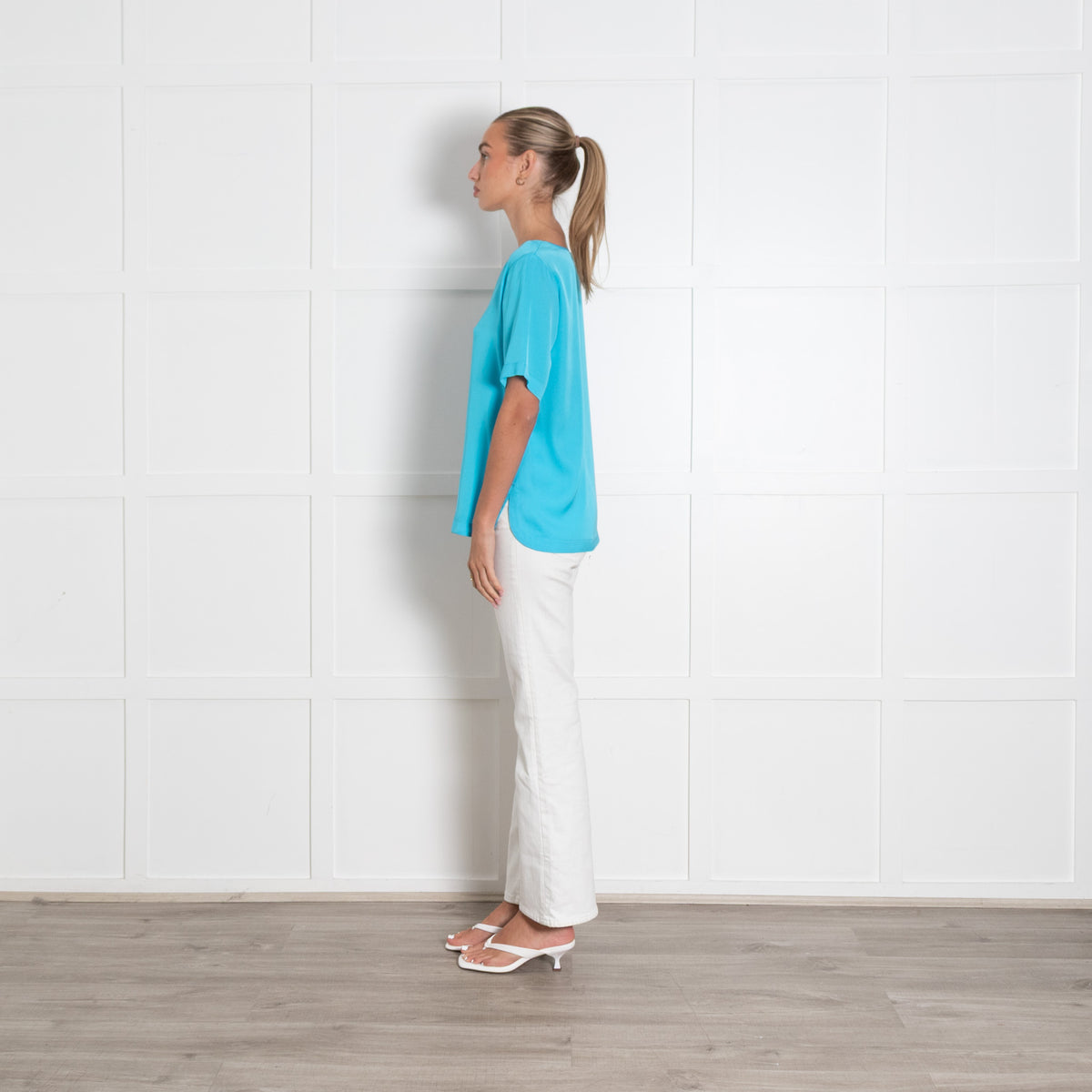 Silk95Five Turquoise Silk V Neck Top