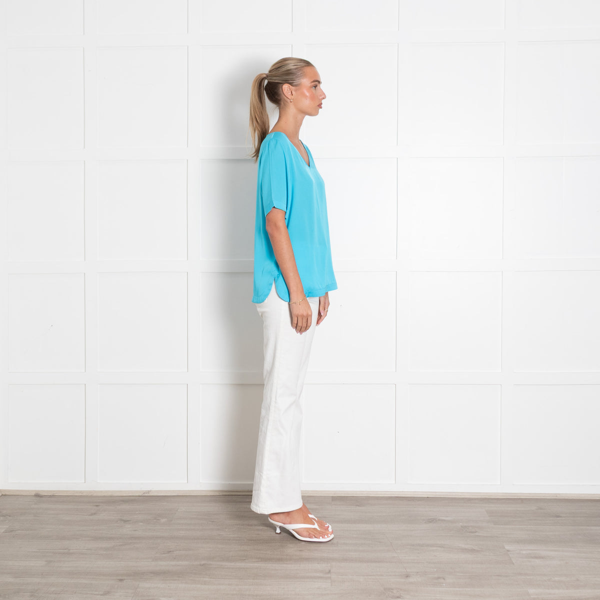 Silk95Five Turquoise Silk V Neck Top