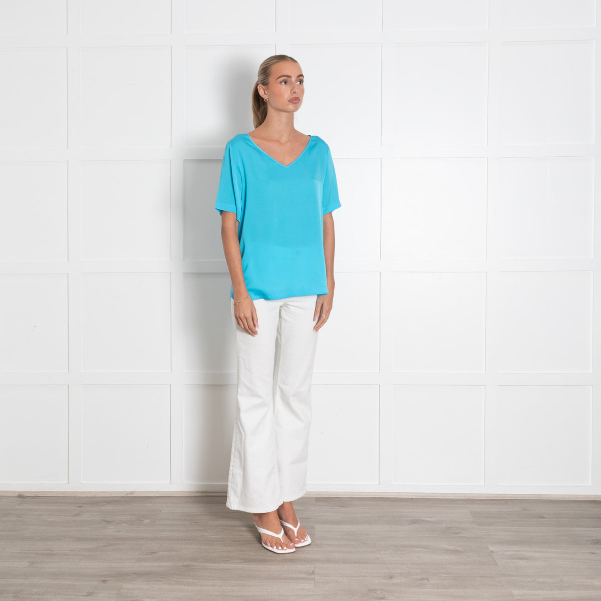 Silk95Five Turquoise Silk V Neck Top