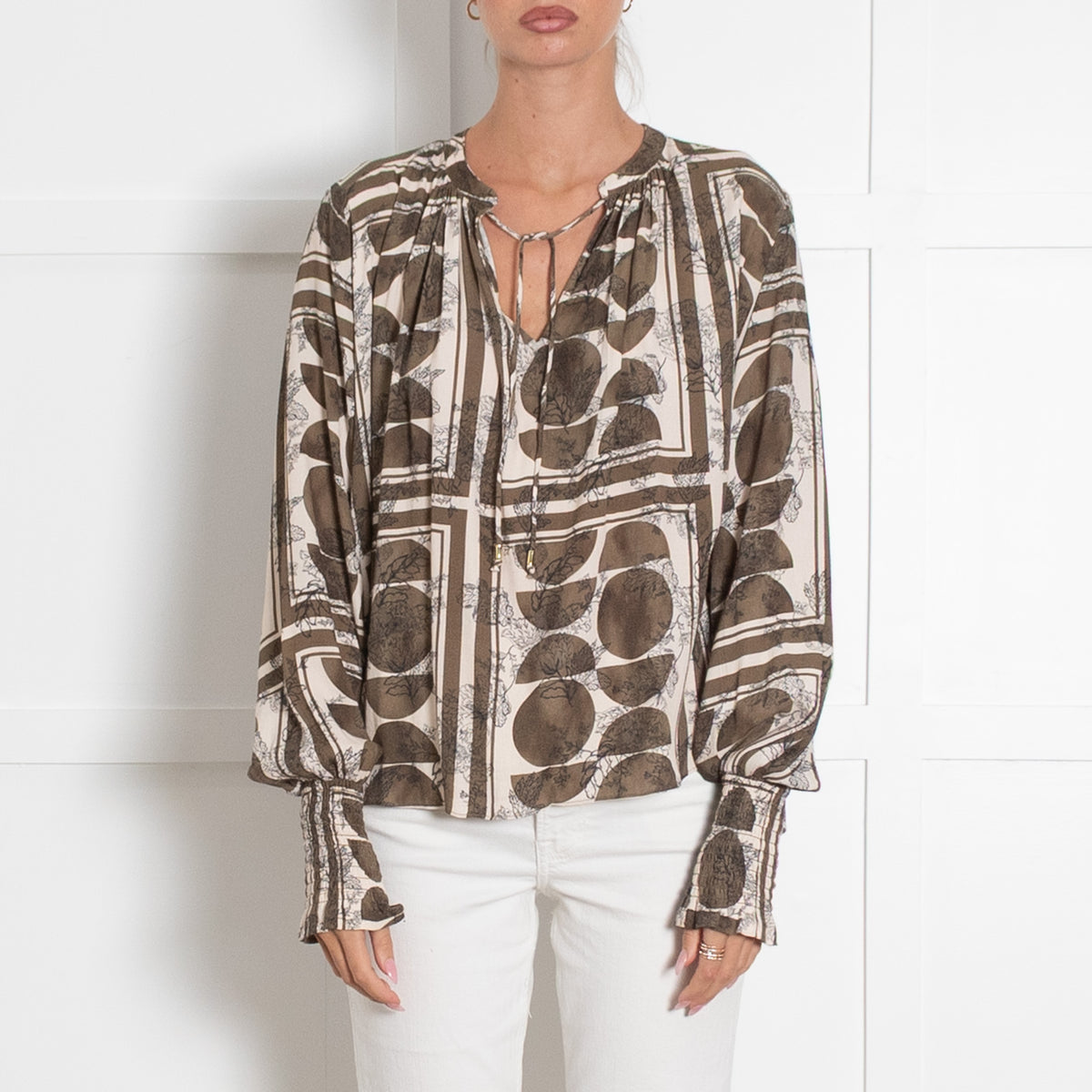 Mos Mosh Green And Cream Geometric And Leaf Print Tunic Blouse