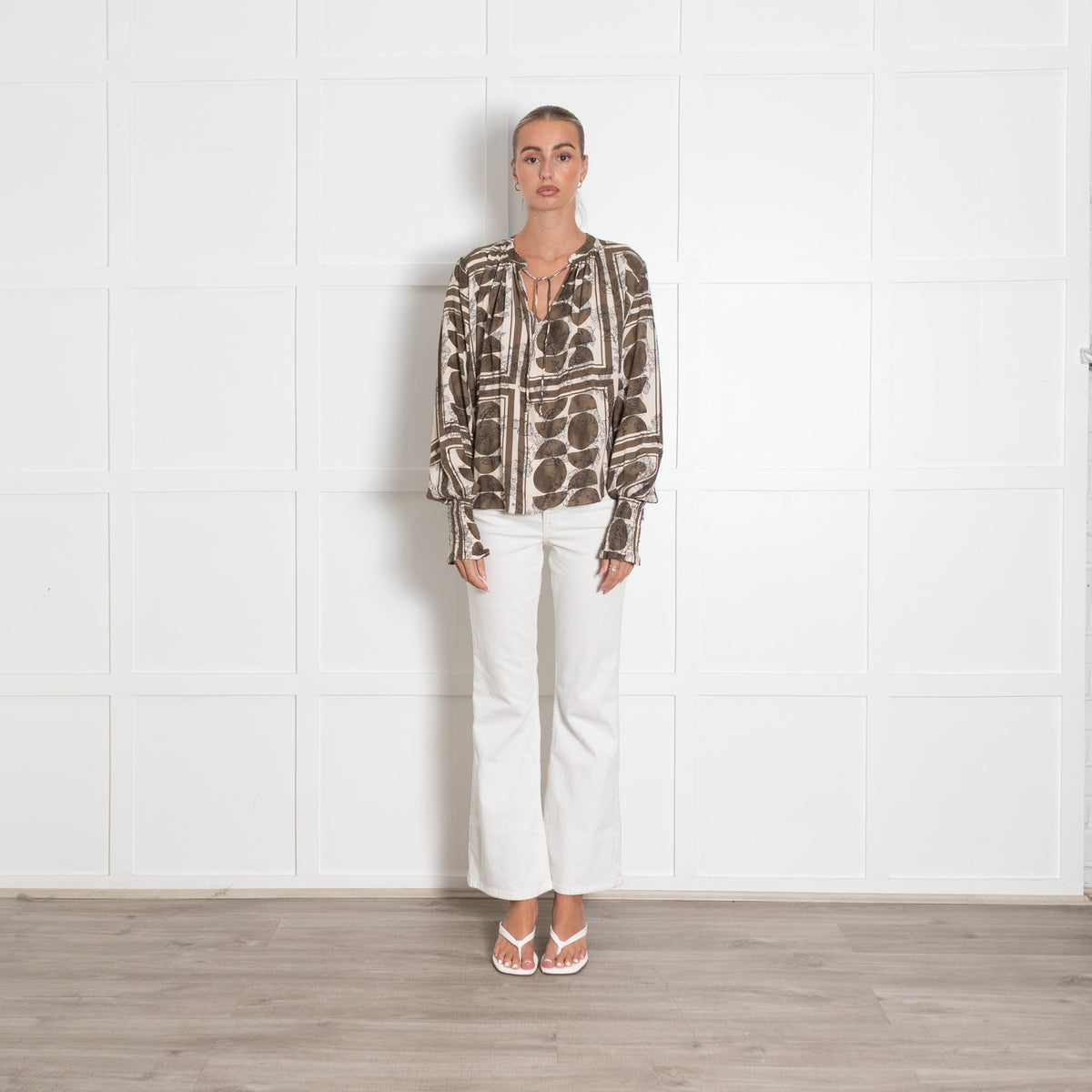 Mos Mosh Green And Cream Geometric And Leaf Print Tunic Blouse