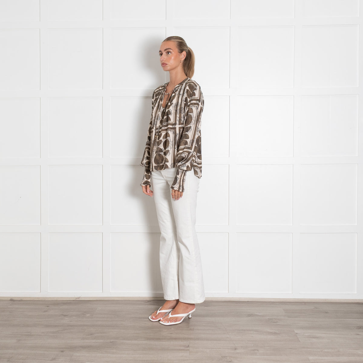 Mos Mosh Green And Cream Geometric And Leaf Print Tunic Blouse