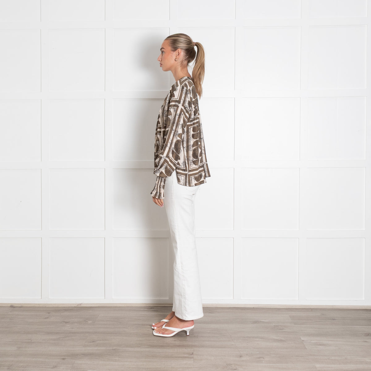 Mos Mosh Green And Cream Geometric And Leaf Print Tunic Blouse