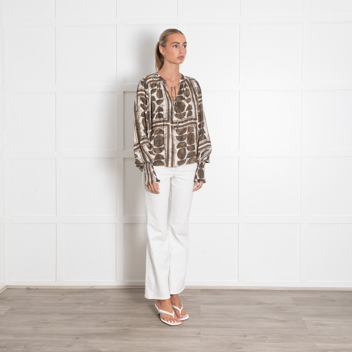 Mos Mosh Green And Cream Geometric And Leaf Print Tunic Blouse