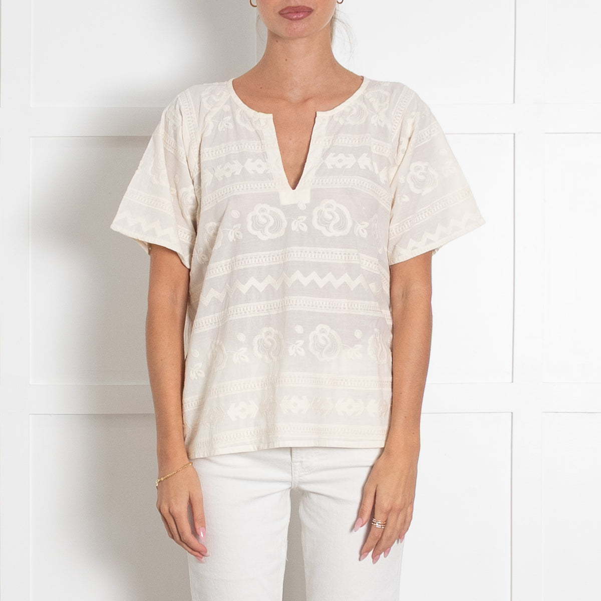 Stella Forest Cream Broderie Anglaise Short Sleeved V Neck Top