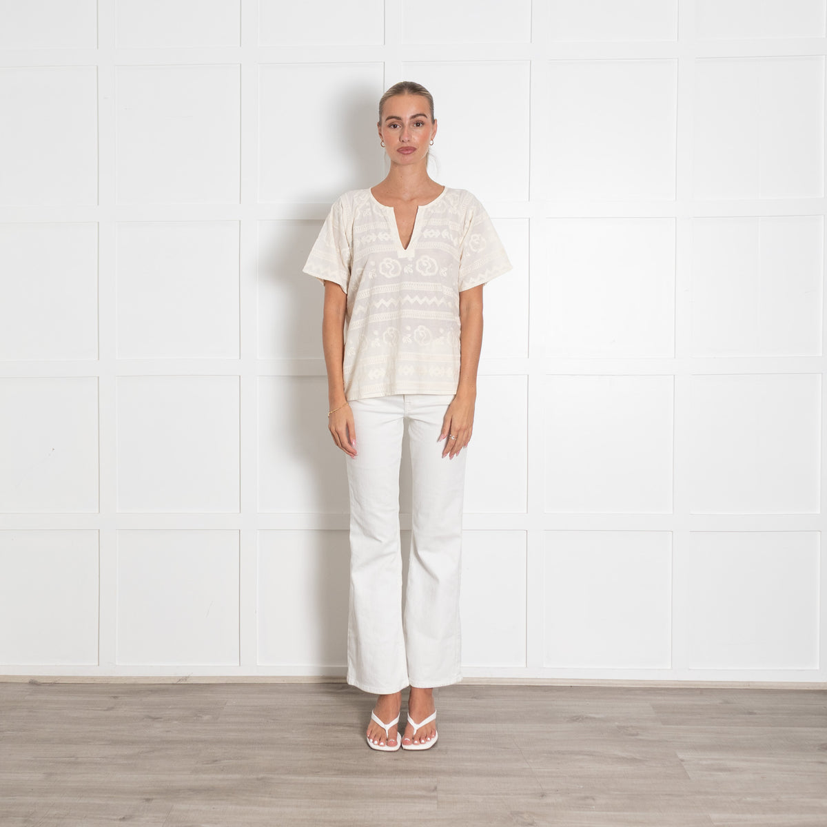 Stella Forest Cream Broderie Anglaise Short Sleeved V Neck Top