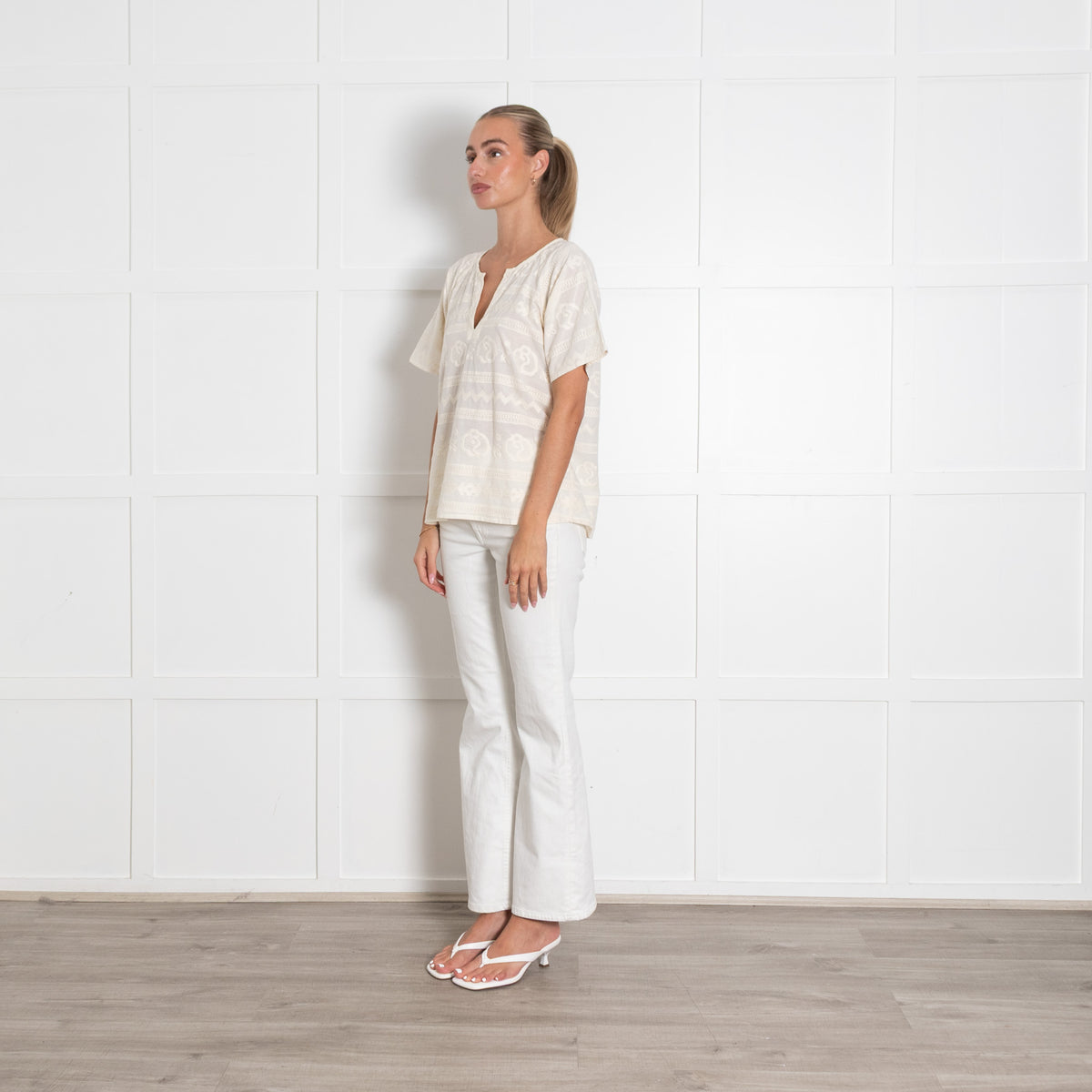 Stella Forest Cream Broderie Anglaise Short Sleeved V Neck Top