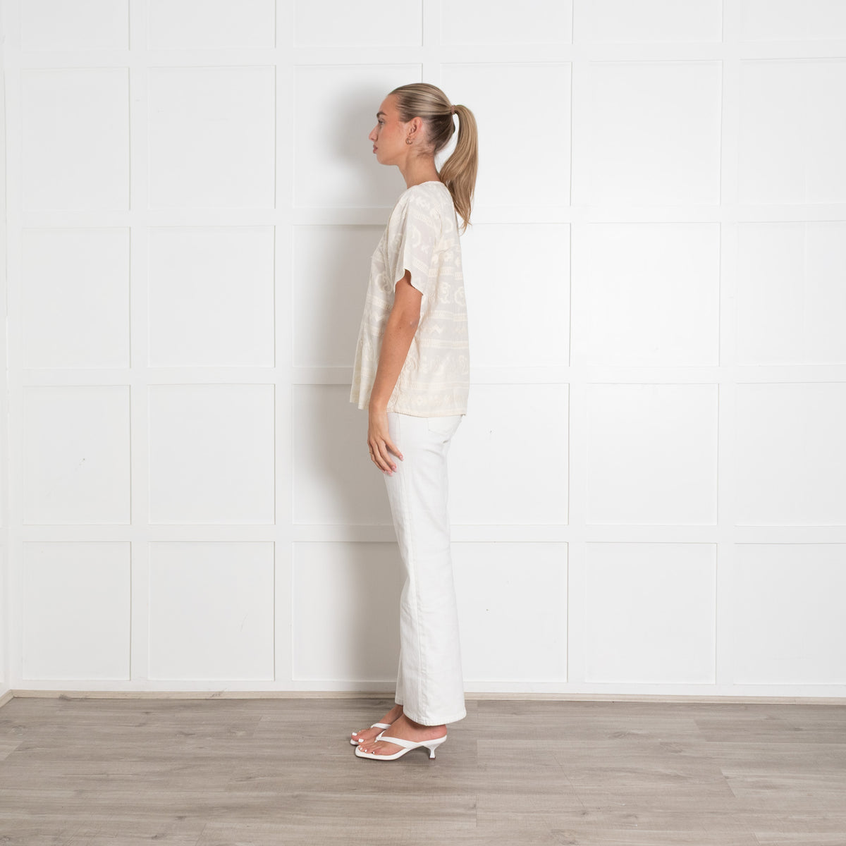 Stella Forest Cream Broderie Anglaise Short Sleeved V Neck Top