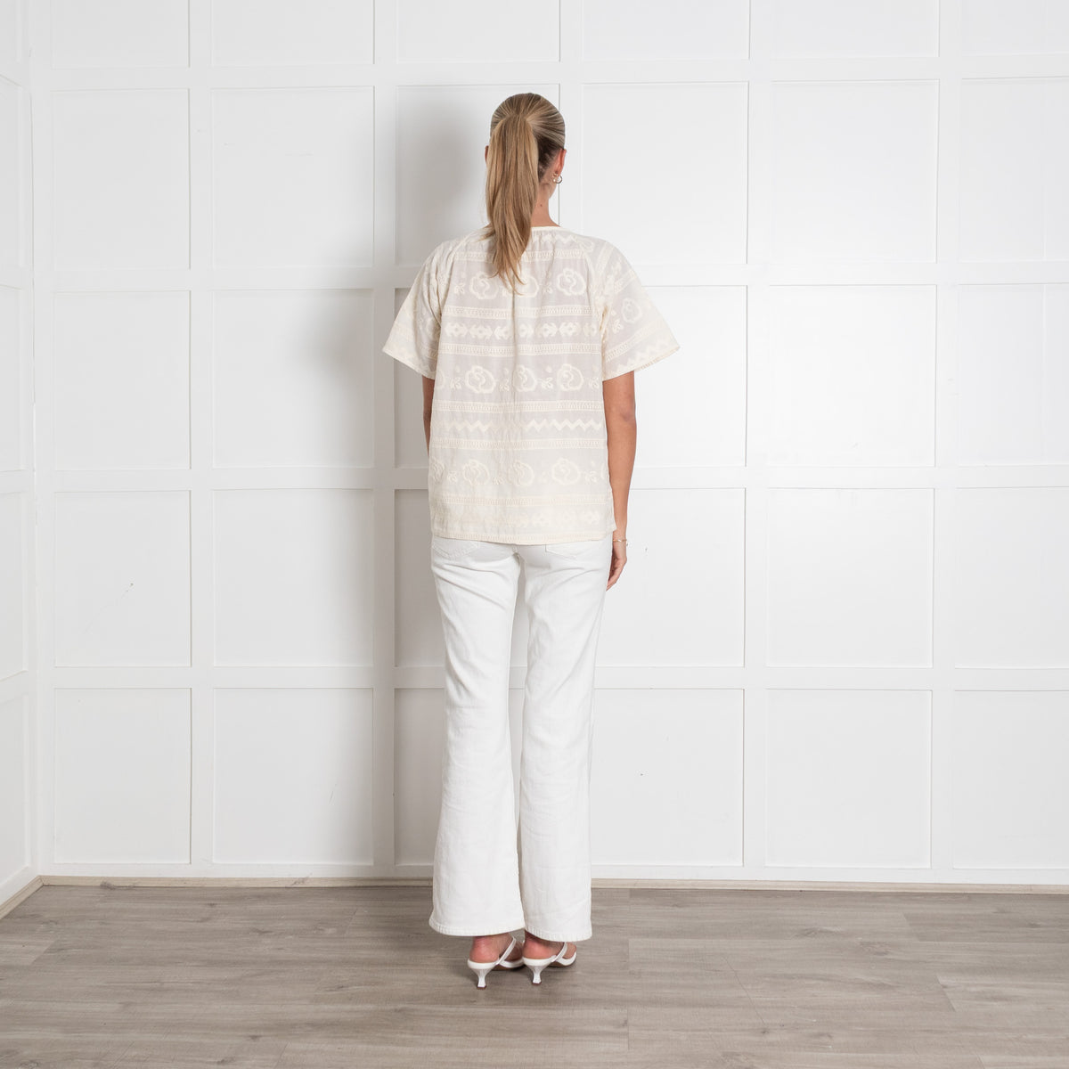Stella Forest Cream Broderie Anglaise Short Sleeved V Neck Top