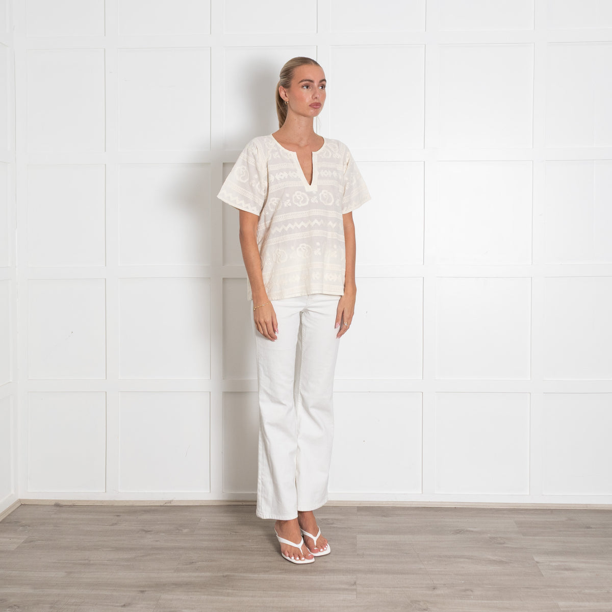 Stella Forest Cream Broderie Anglaise Short Sleeved V Neck Top