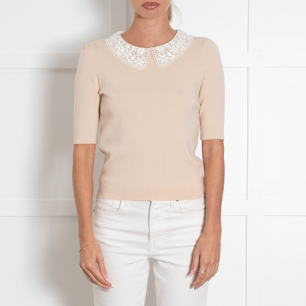Maje Beige Knit Crochet Collar Top