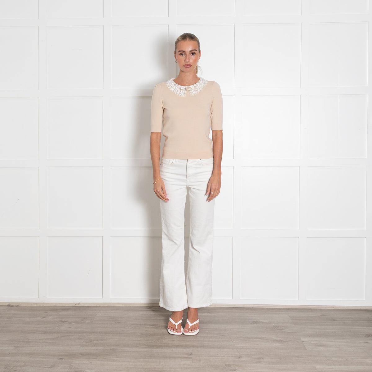 Maje Beige Knit Crochet Collar Top
