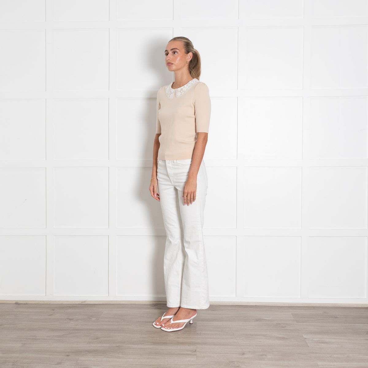Maje Beige Knit Crochet Collar Top