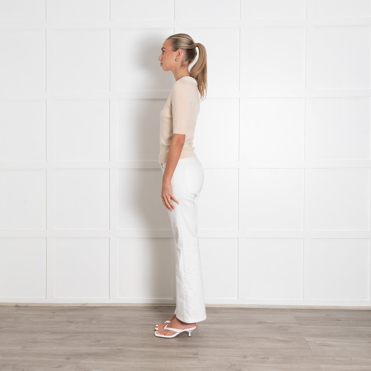 Maje Beige Knit Crochet Collar Top