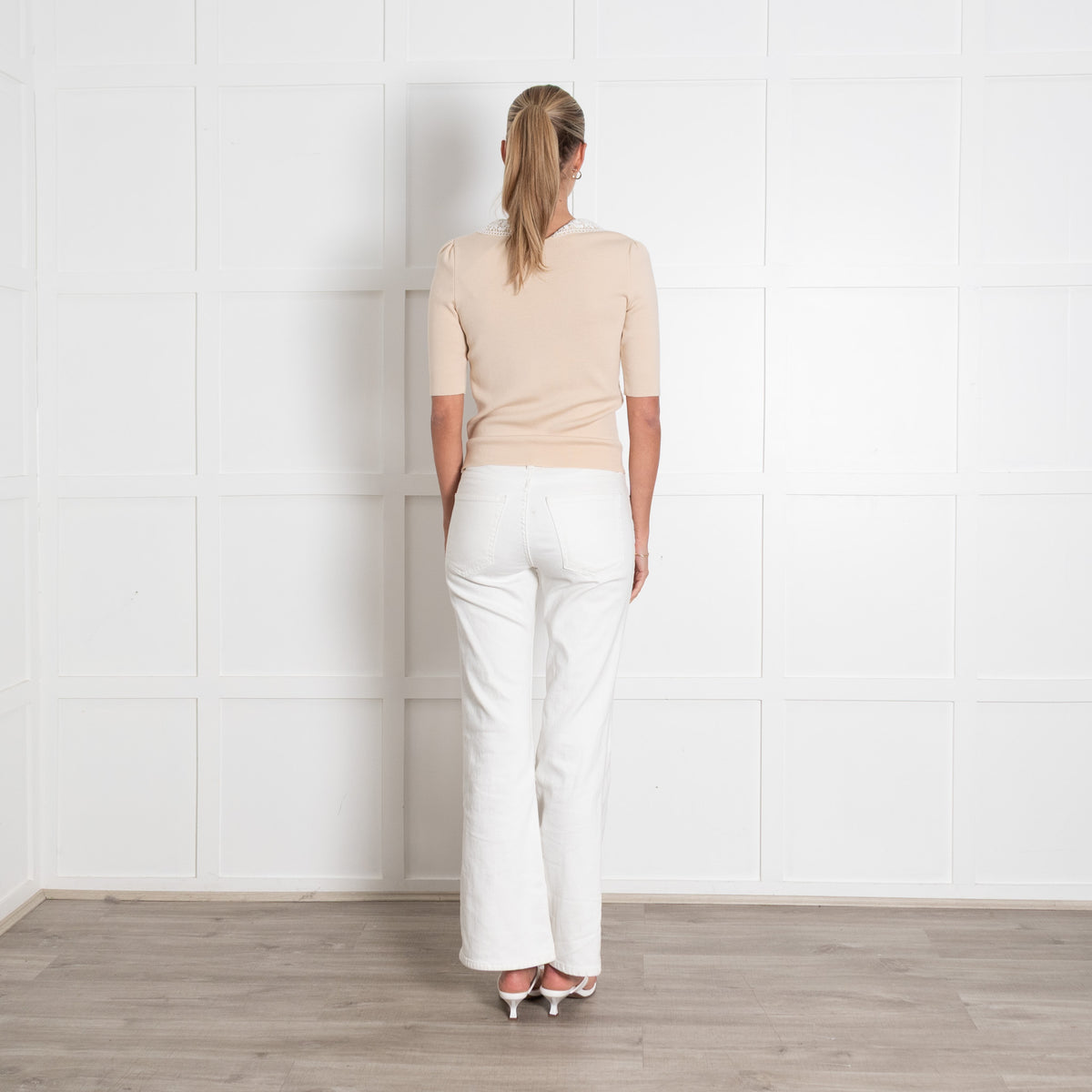 Maje Beige Knit Crochet Collar Top