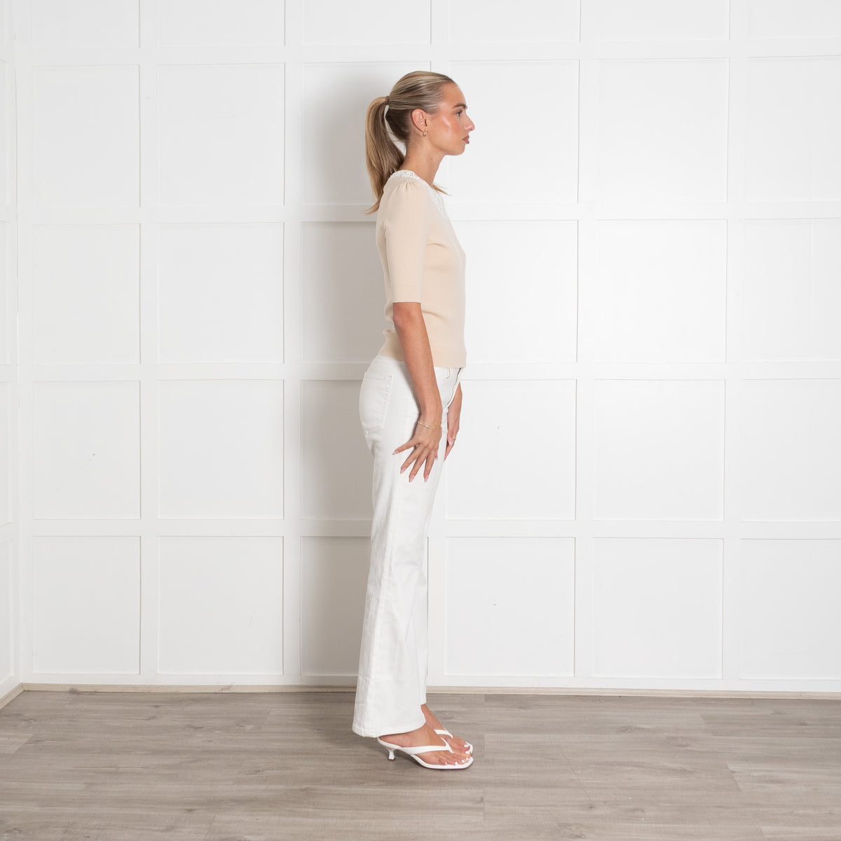 Maje Beige Knit Crochet Collar Top