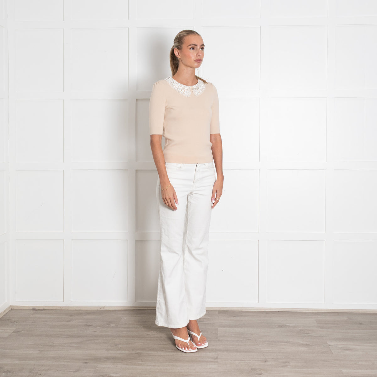 Maje Beige Knit Crochet Collar Top