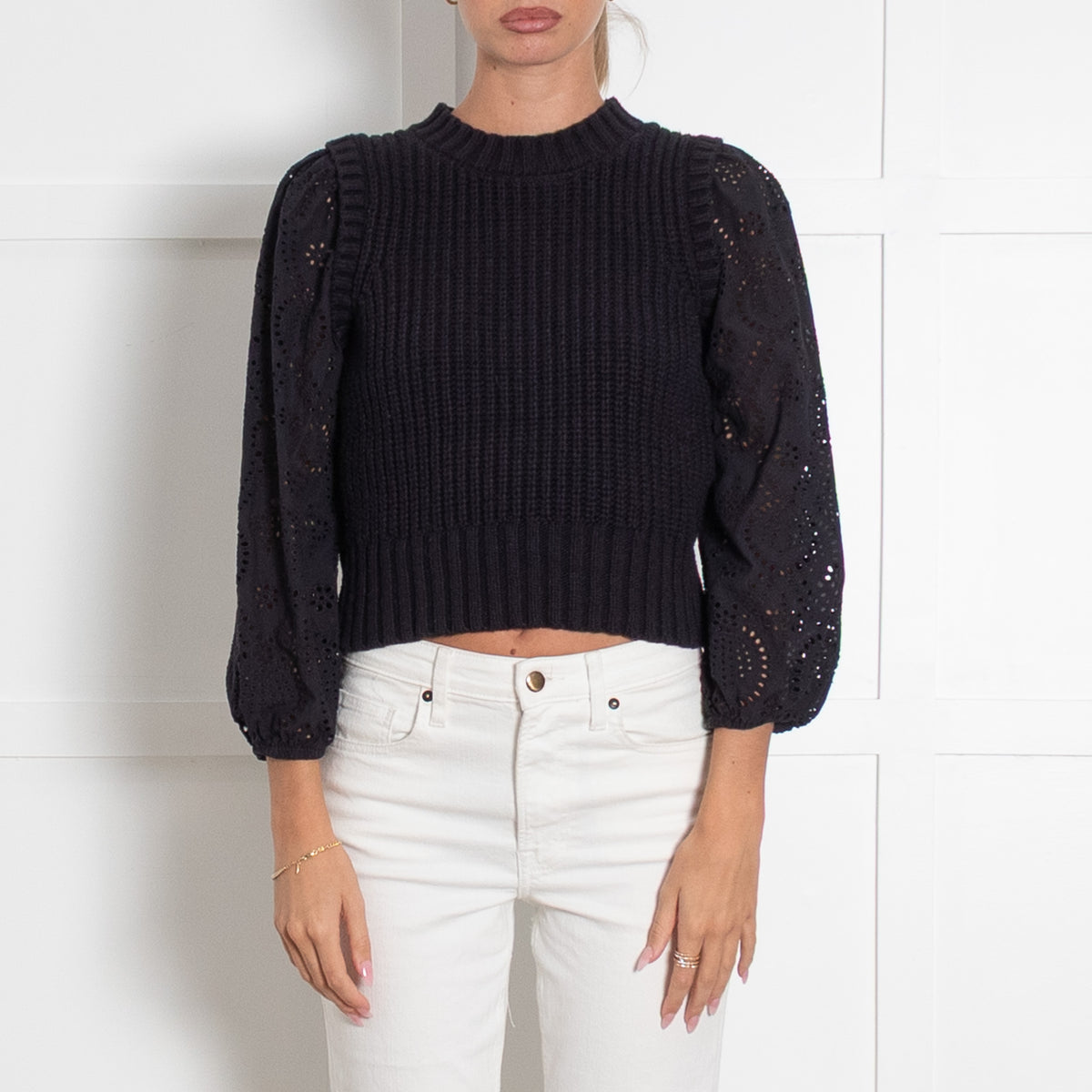 Rails Navy Cable Knit Jumper with Cotton Broderie Sleeves