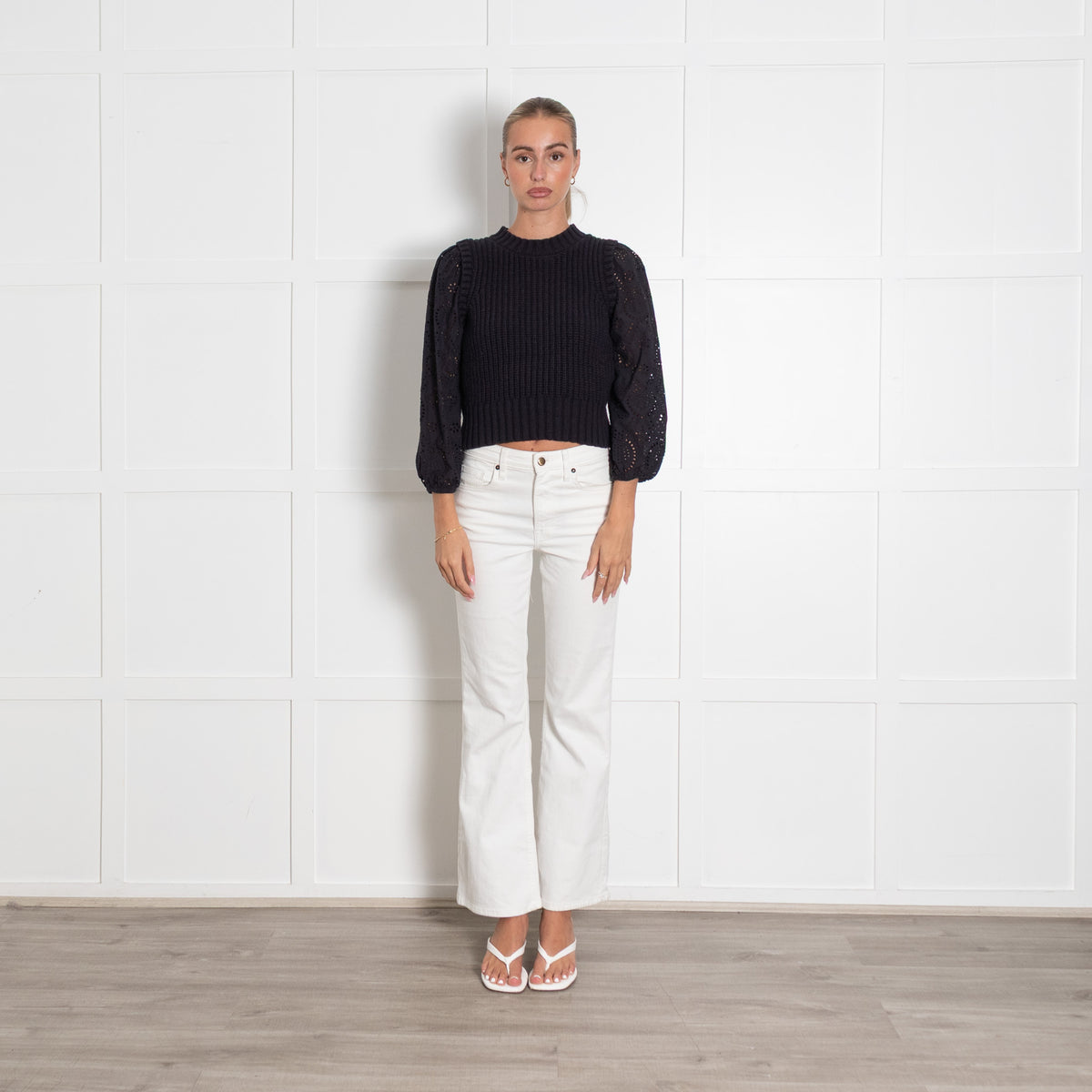 Rails Navy Cable Knit Jumper with Cotton Broderie Sleeves