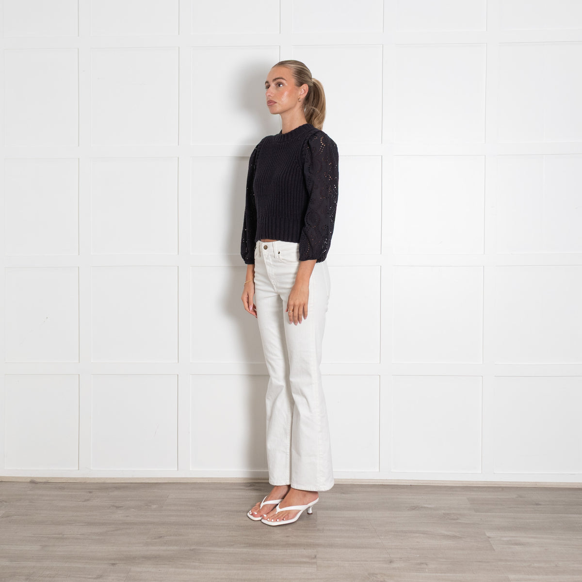 Rails Navy Cable Knit Jumper with Cotton Broderie Sleeves