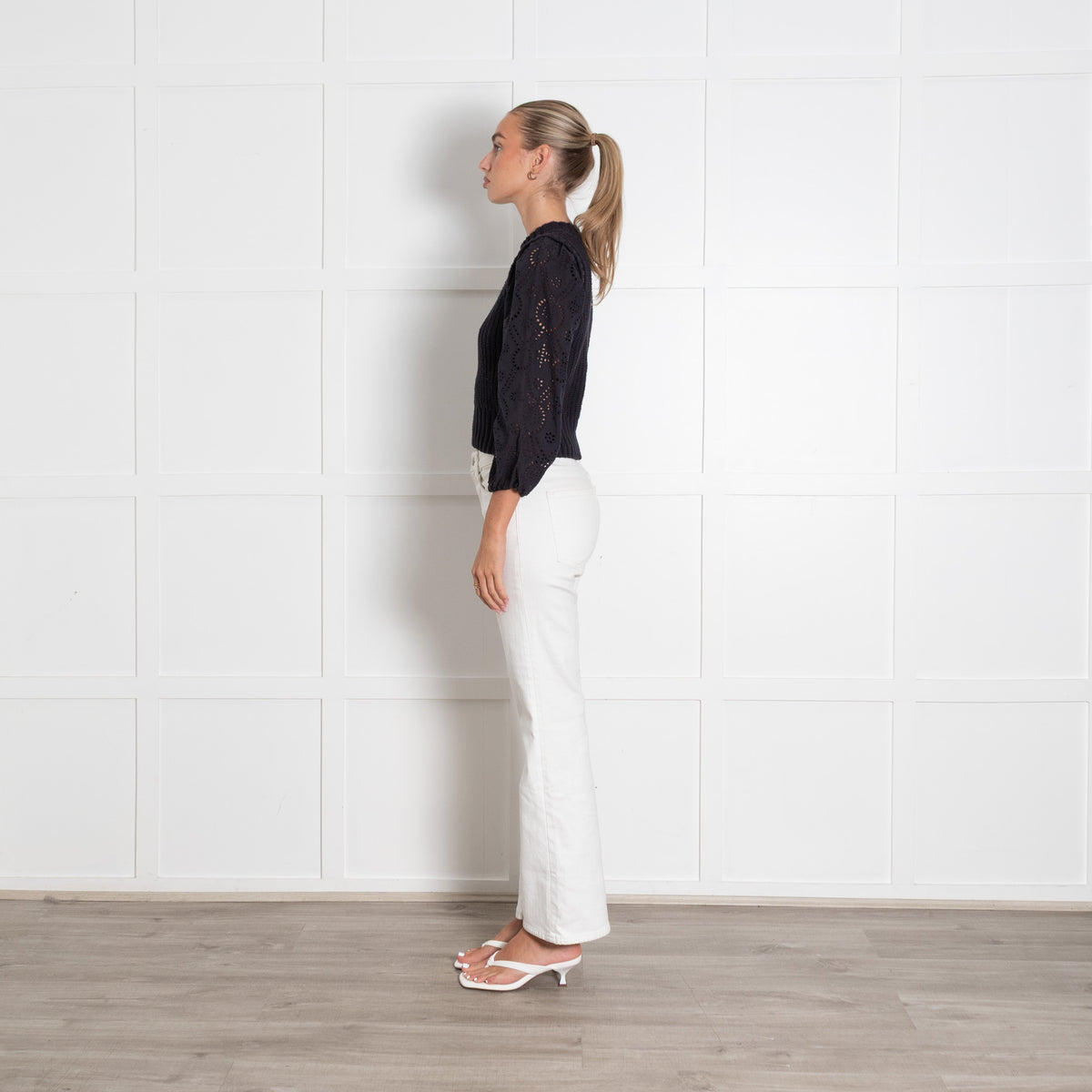 Rails Navy Cable Knit Jumper with Cotton Broderie Sleeves