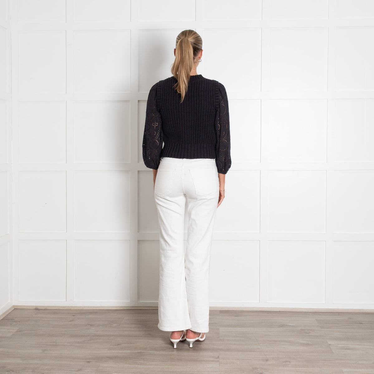 Rails Navy Cable Knit Jumper with Cotton Broderie Sleeves
