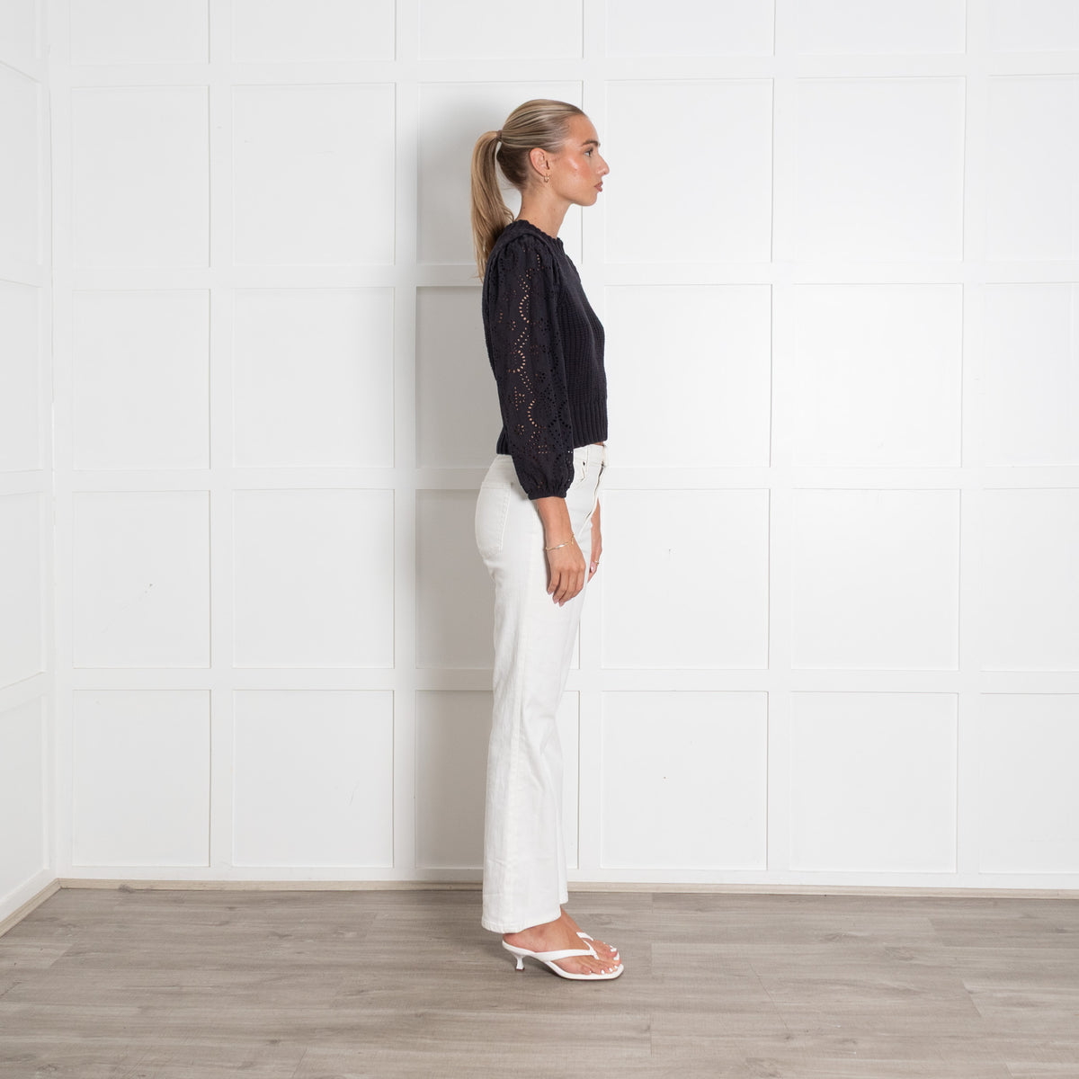 Rails Navy Cable Knit Jumper with Cotton Broderie Sleeves