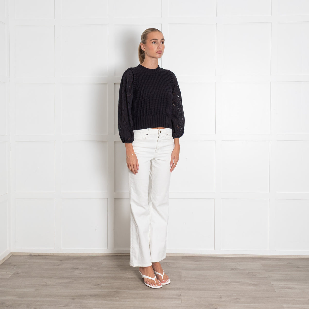 Rails Navy Cable Knit Jumper with Cotton Broderie Sleeves