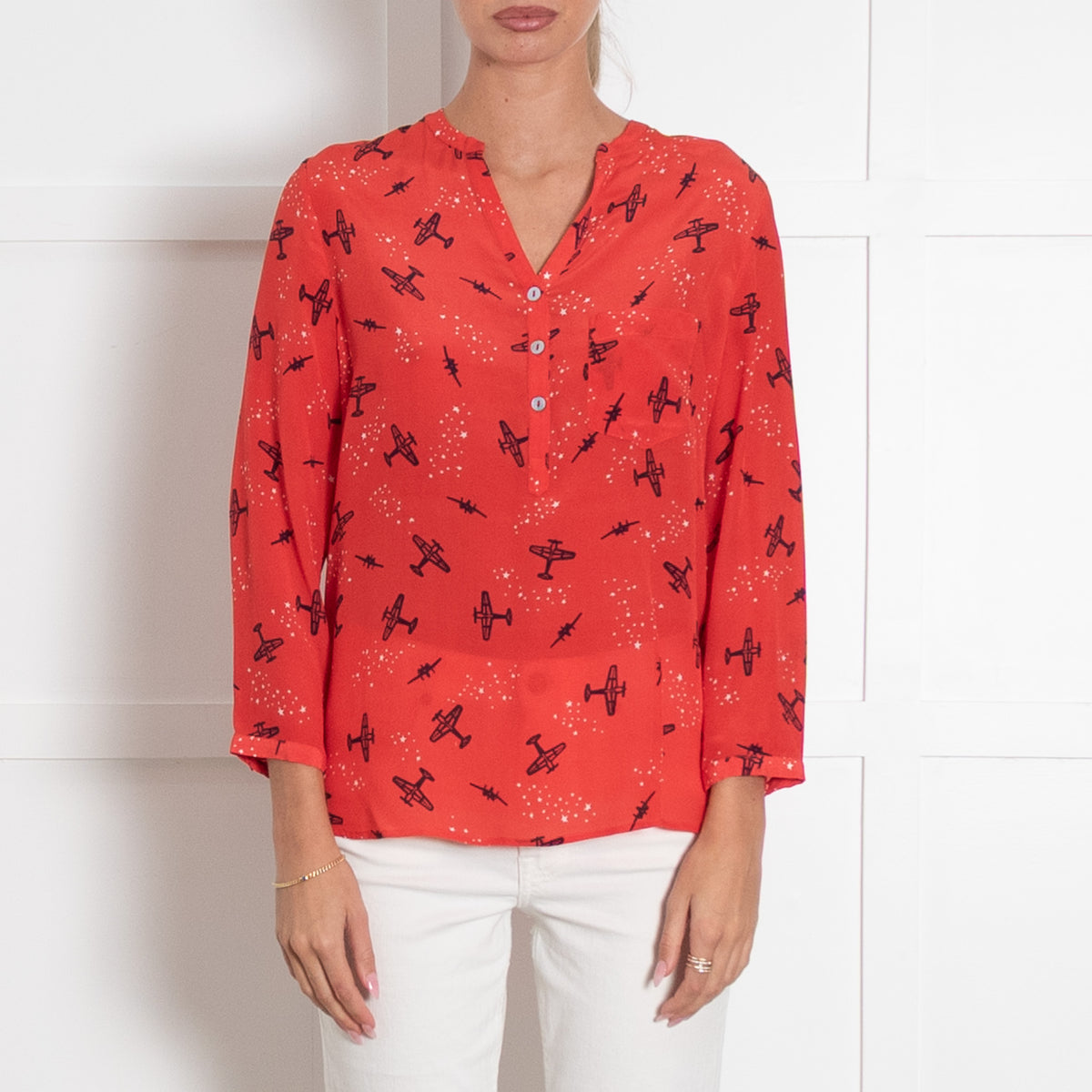 Mercy Delta Red Plane Print Collarless Blouse