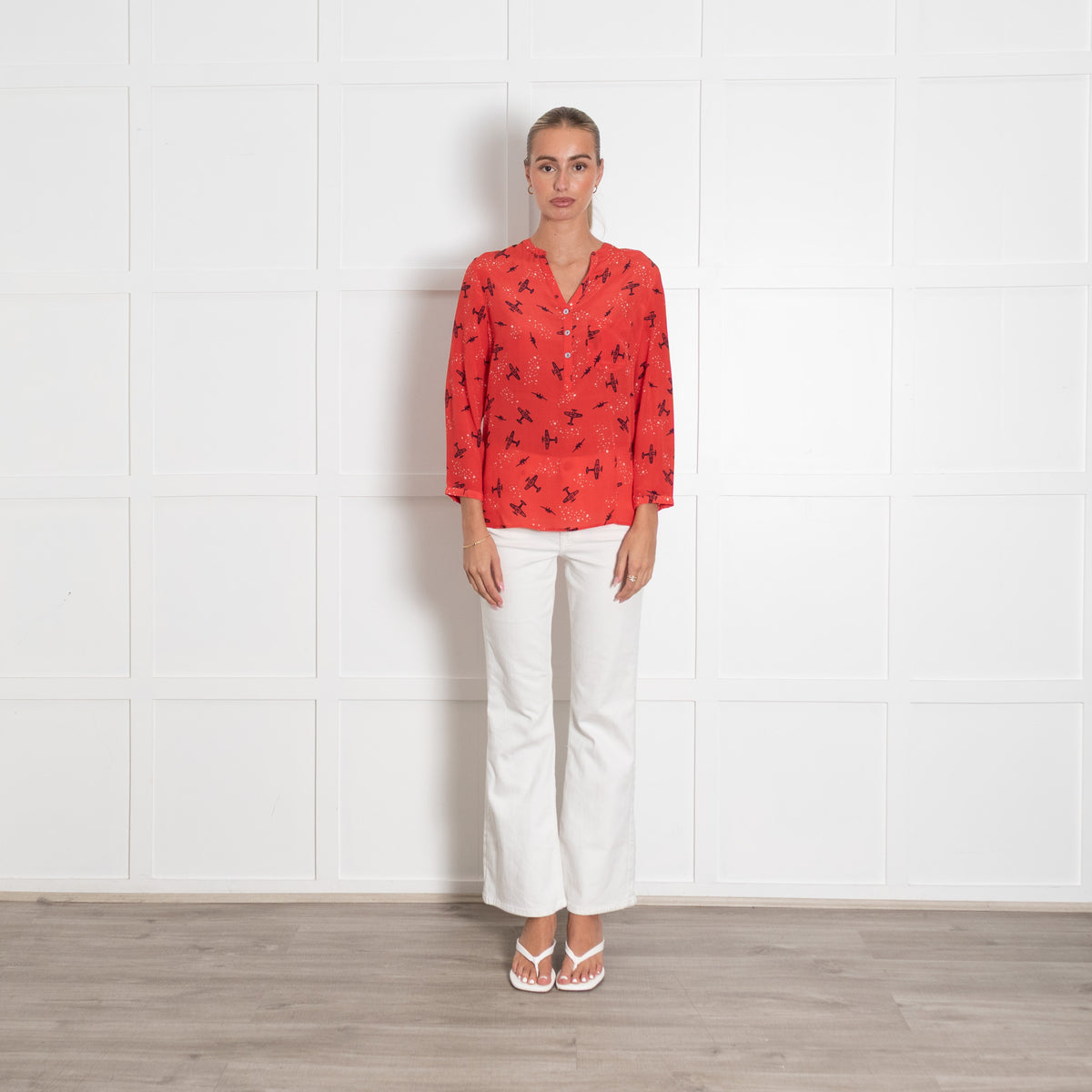 Mercy Delta Red Plane Print Collarless Blouse