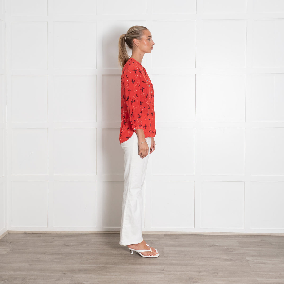 Mercy Delta Red Plane Print Collarless Blouse