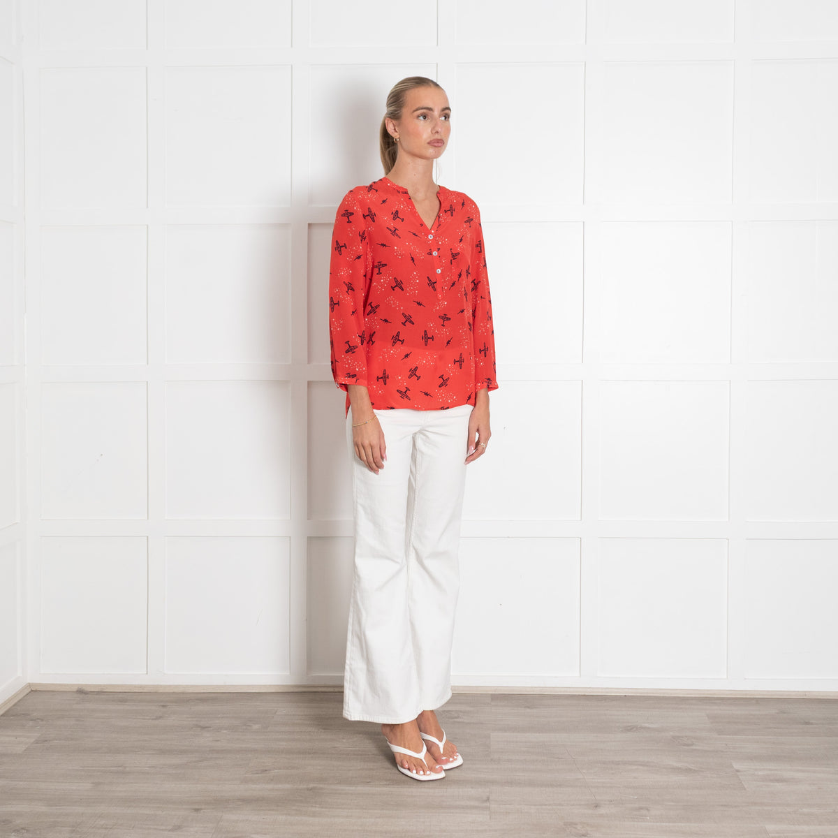 Mercy Delta Red Plane Print Collarless Blouse